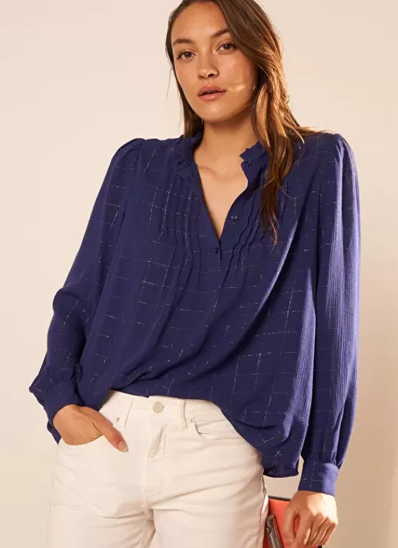 Blouse A Col Monte Avec Volant Bleu Blouisa Sud Express