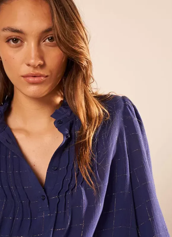 Blouse A Col Monte Avec Volant Bleu Blouisa Sud Express