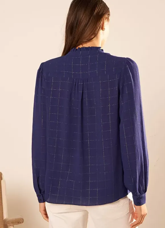 Blouse A Col Monte Avec Volant Bleu Blouisa Sud Express