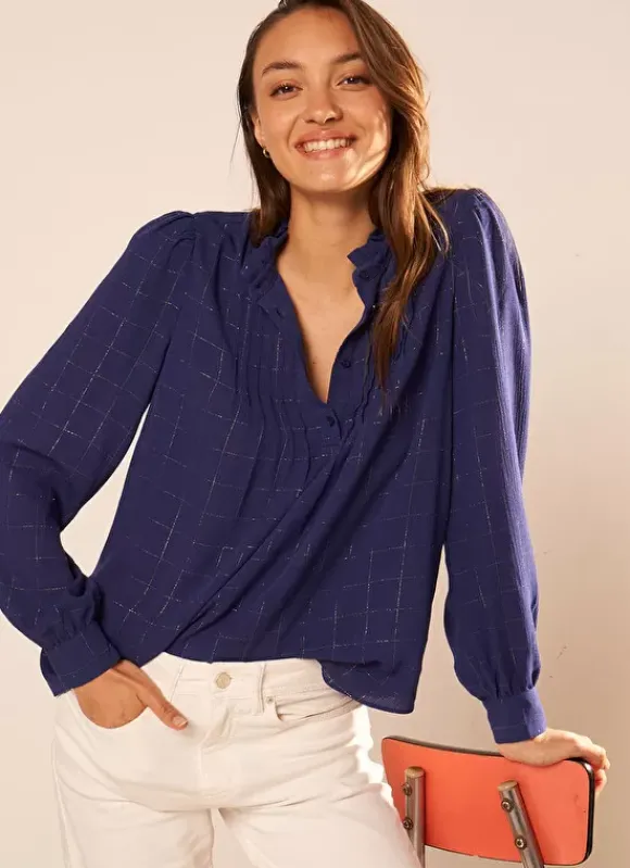 Blouse A Col Monte Avec Volant Bleu Blouisa Sud Express