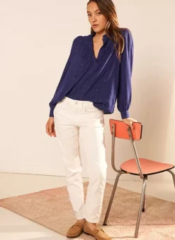 Blouse A Col Monte Avec Volant Bleu Blouisa Sud Express