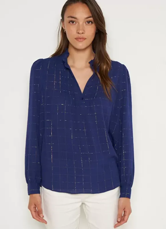 Blouse A Col Monte Avec Volant Bleu Blouisa Sud Express