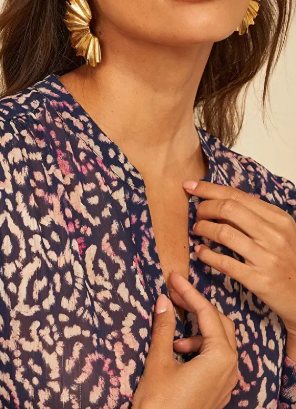 Blouse A Imprime Col Tunisien Marine Touza Sud Express