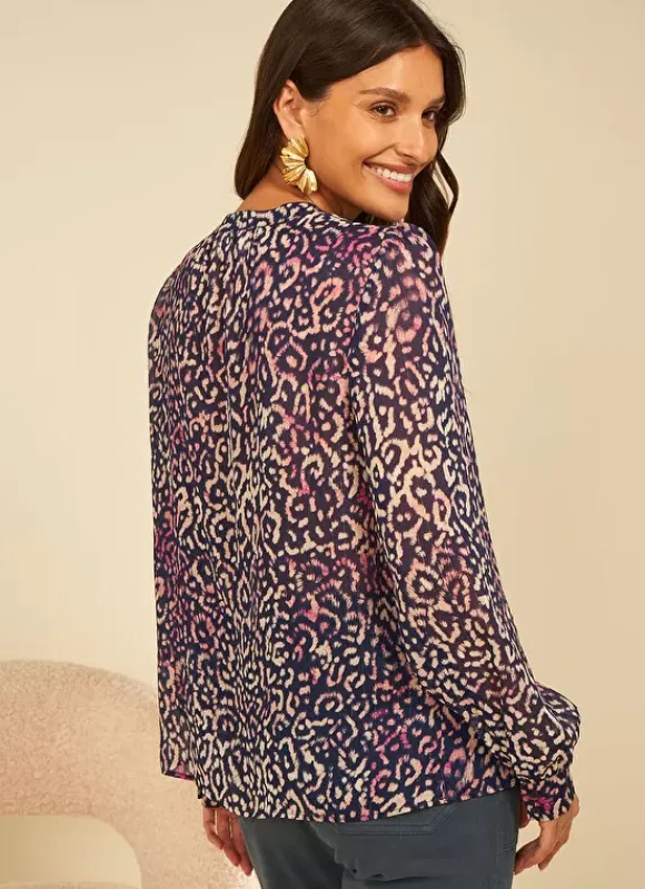 Blouse A Imprime Col Tunisien Marine Touza Sud Express