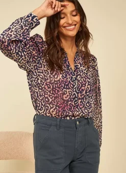 Blouse A Imprime Col Tunisien Marine Touza Sud Express
