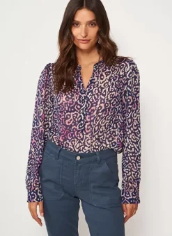 Blouse A Imprime Col Tunisien Marine Touza Sud Express
