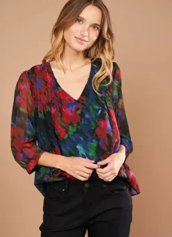 Blouse Imprime Encolure V Noir Tazzura Sud Express