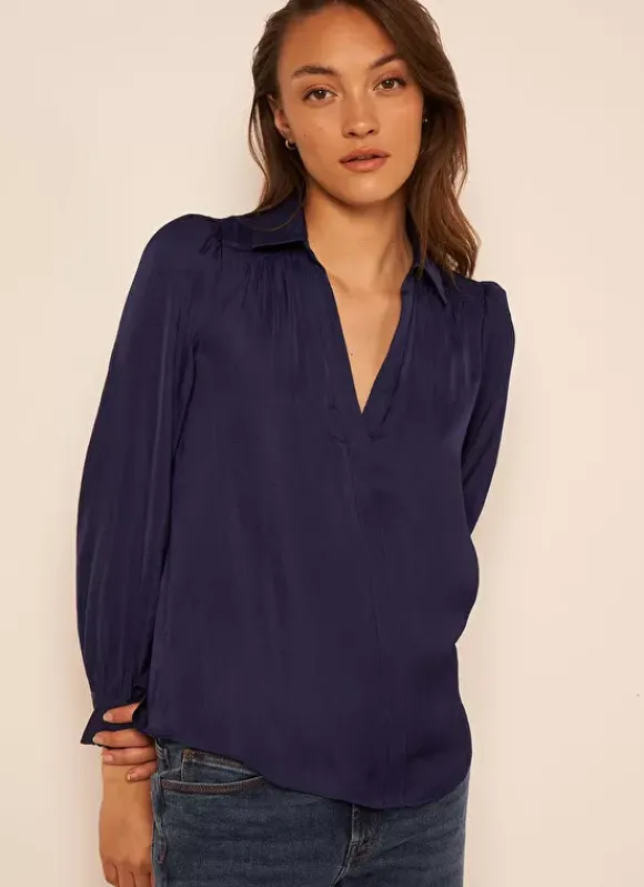 Blouse Satine A Col Tunisien Bleu Teddy Sud Express