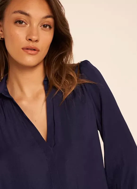 Blouse Satine A Col Tunisien Bleu Teddy Sud Express