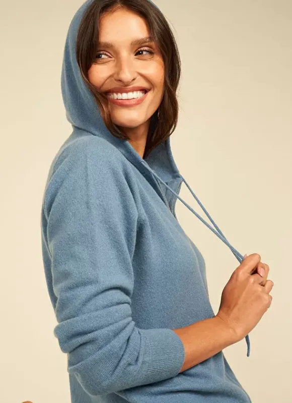 Gilet A Capuche Zippe 100% Cachemire Denim Garenk Sud Express