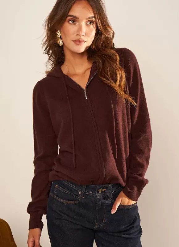 Gilet A Capuche Zippe 100% Cachemire Marron Garenk Sud Express