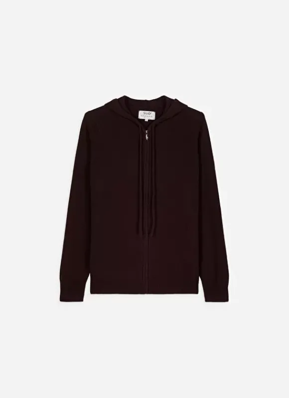 Gilet A Capuche Zippe 100% Cachemire Marron Garenk Sud Express