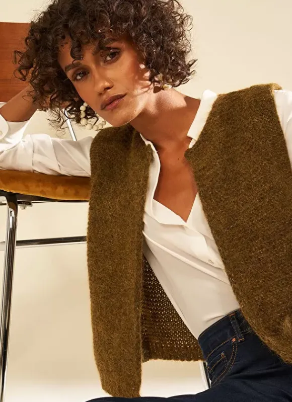 Gilet Court Et Ouvert, En Mohair Et Alpaga Kaki Gotanax Sud Express