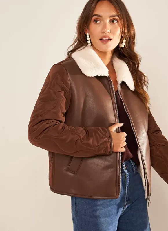 Manteau Court Bi Matiere Chocolat Maeleen Sud Express