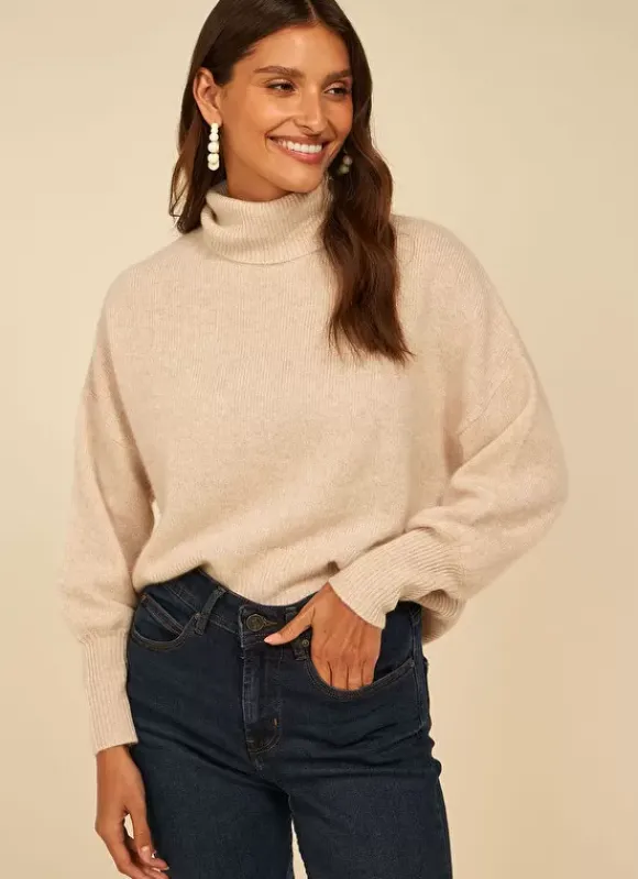 Pull Col Montant, 100% Cachemire Beige Chine Monpran Sud Express