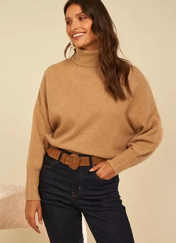 Pull Col Montant, 100% Cachemire Camel Monpran Sud Express