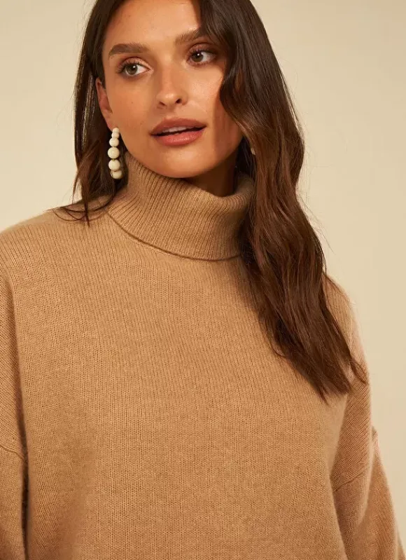 Pull Col Montant, 100% Cachemire Camel Monpran Sud Express