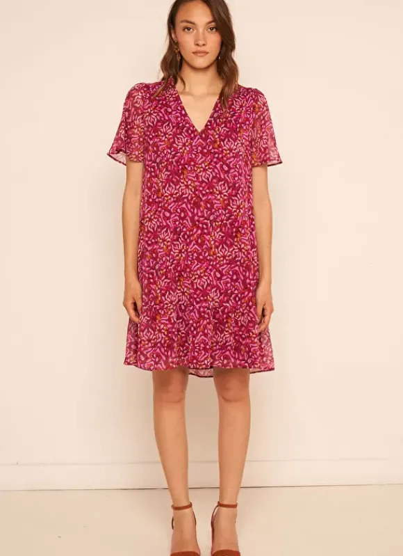 Robe Courte Imprimee, Encolure V Framboise Ralorie Sud Express