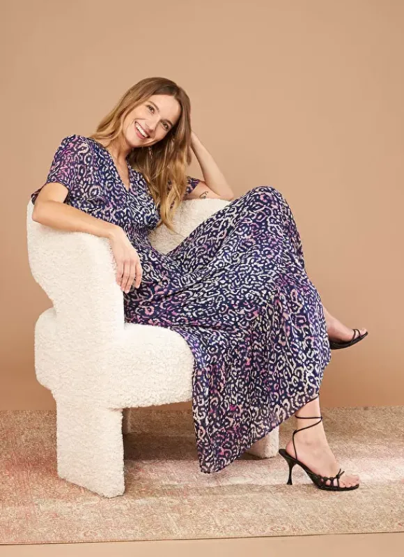 Robe Longue Imprimee A Col V Marine Rouza Sud Express