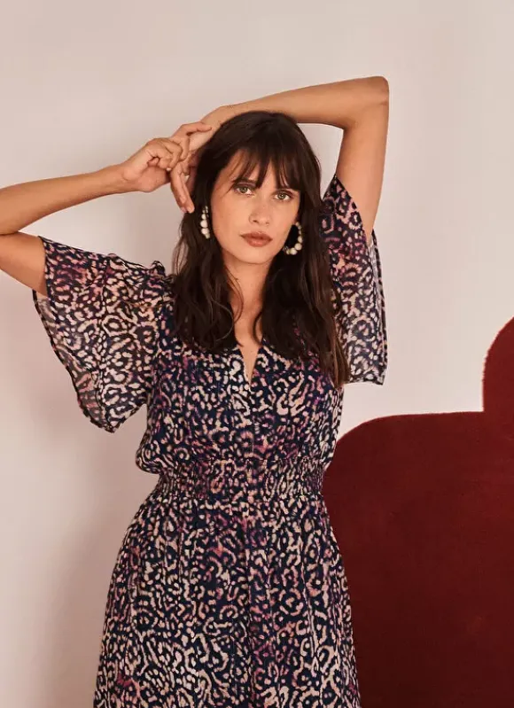 Robe Longue Imprimee A Col V Marine Rouza Sud Express