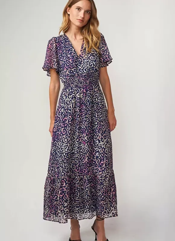 Robe Longue Imprimee A Col V Marine Rouza Sud Express