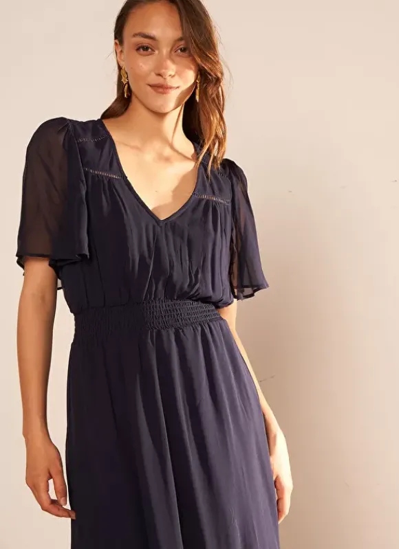 Robe Midi Avec Manches Volantees Marine Rosiska Sud Express