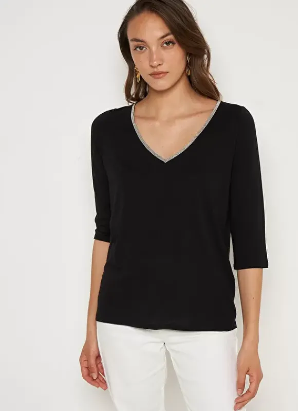 Tee-Shirt Col V Et Manches 3/4 Noir Tonyla Sud Express