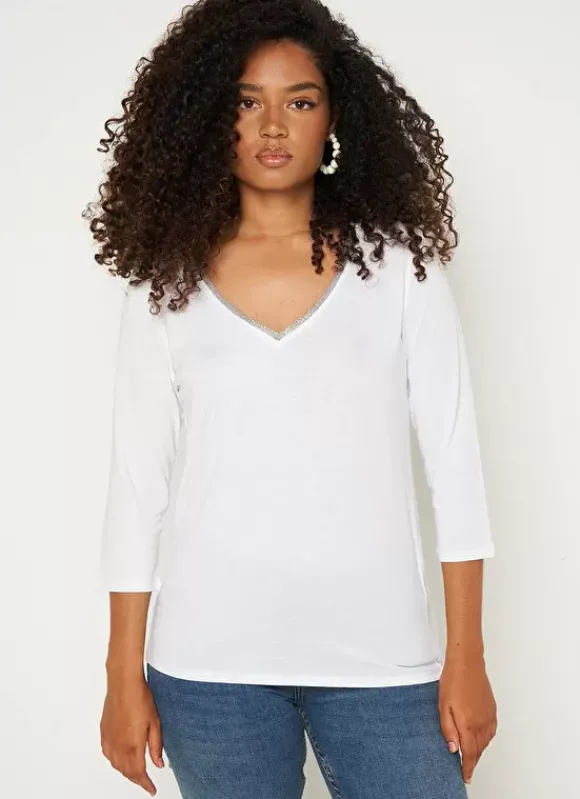Tee-Shirt Col V Et Manches 3/4 Blanc Tonyla Sud Express