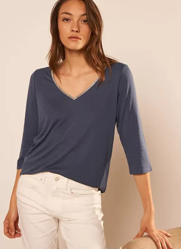 Tee-Shirt Col V Et Manches 3/4 Indigo Tonyla Sud Express