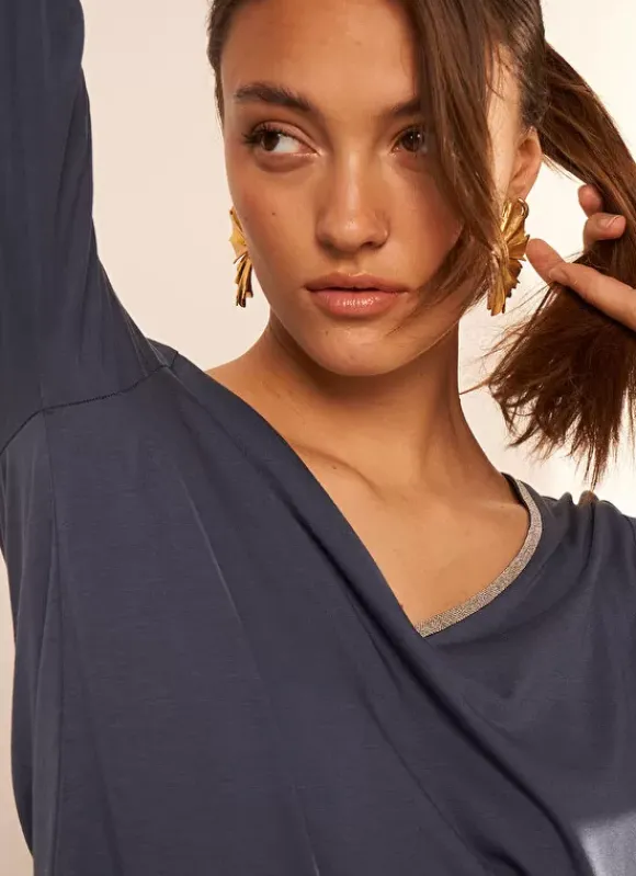 Tee-Shirt Col V Et Manches 3/4 Indigo Tonyla Sud Express