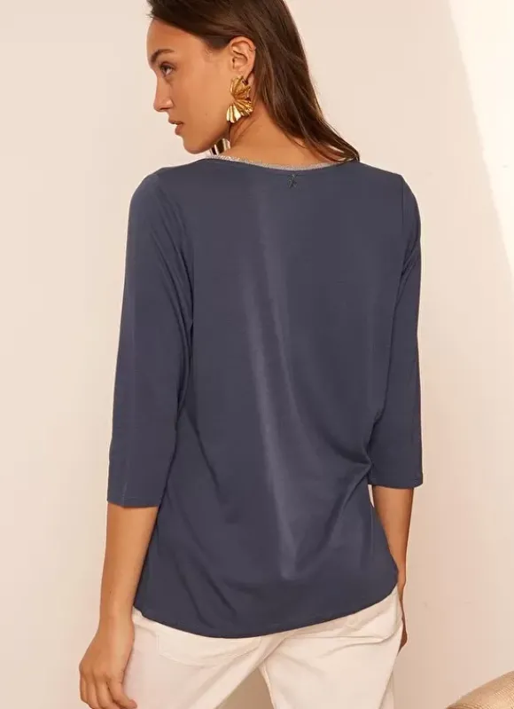 Tee-Shirt Col V Et Manches 3/4 Indigo Tonyla Sud Express