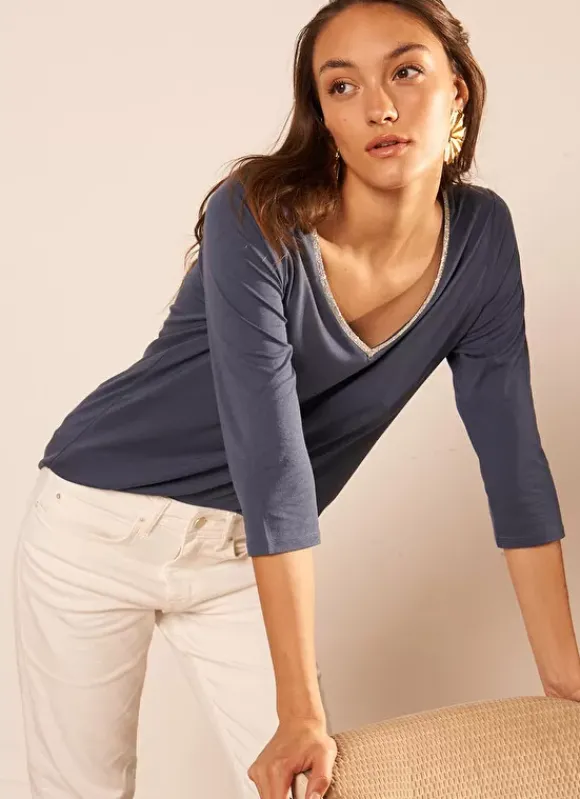 Tee-Shirt Col V Et Manches 3/4 Indigo Tonyla Sud Express