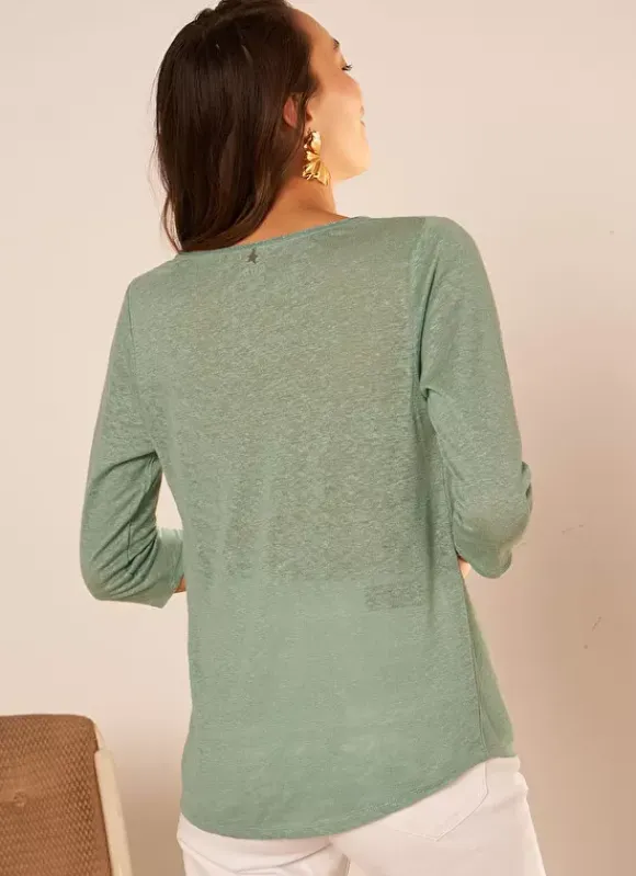T-Shirt En Lin A Manches 3/4 Et Col V Amande Tomeoh Sud Express