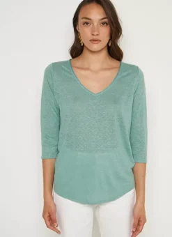 T-Shirt En Lin A Manches 3/4 Et Col V Amande Tomeoh Sud Express