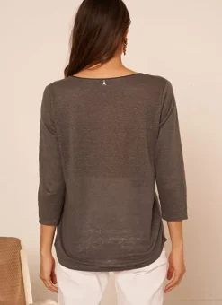 T-Shirt En Lin A Manches 3/4 Et Col V Plomb Tomeoh Sud Express