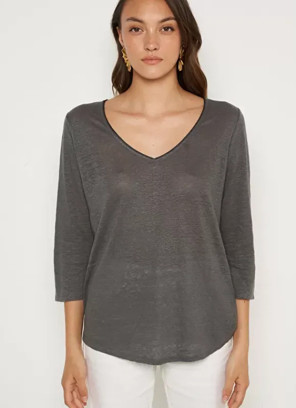 T-Shirt En Lin A Manches 3/4 Et Col V Plomb Tomeoh Sud Express