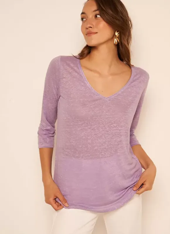 T-Shirt En Lin A Manches 3/4 Et Col V Parme Tomeoh Sud Express