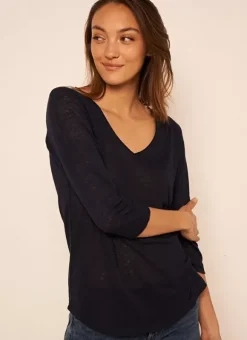 T-Shirt En Lin A Manches 3/4 Et Col V Marine Tomeoh Sud Express