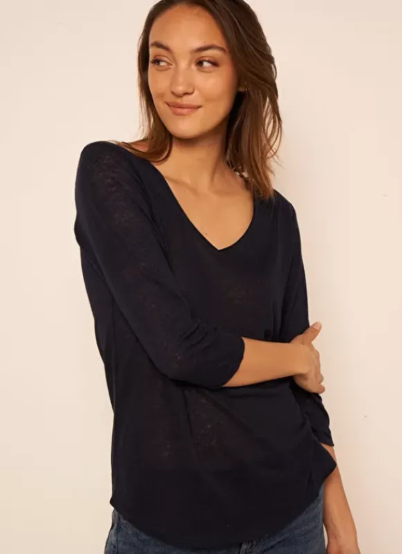 T-Shirt En Lin A Manches 3/4 Et Col V Marine Tomeoh Sud Express