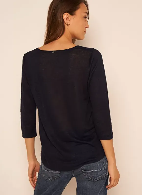 T-Shirt En Lin A Manches 3/4 Et Col V Marine Tomeoh Sud Express