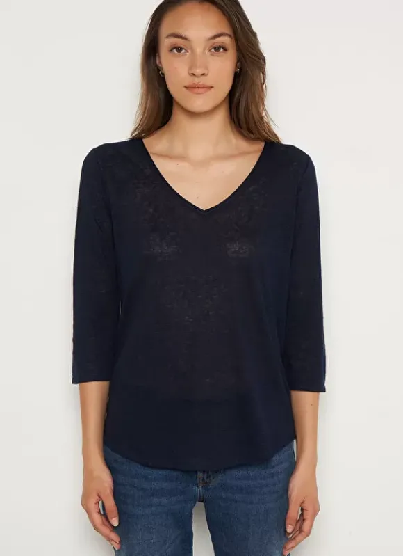 T-Shirt En Lin A Manches 3/4 Et Col V Marine Tomeoh Sud Express