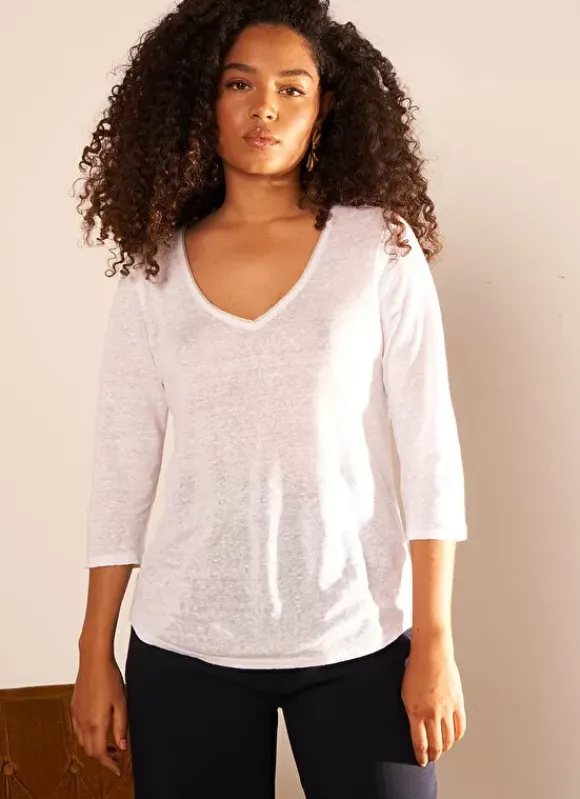 T-Shirt En Lin A Manches 3/4 Et Col V Blanc Tomeoh Sud Express