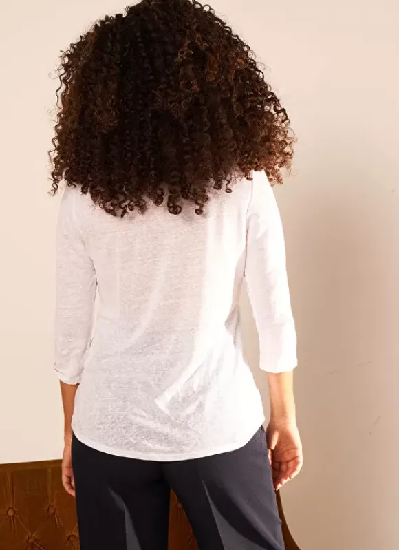 T-Shirt En Lin A Manches 3/4 Et Col V Blanc Tomeoh Sud Express