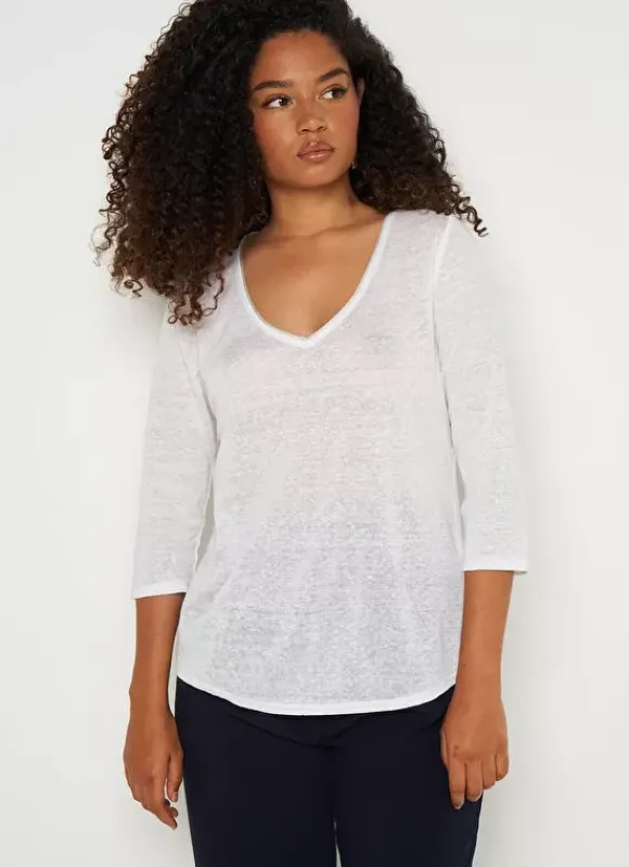 T-Shirt En Lin A Manches 3/4 Et Col V Blanc Tomeoh Sud Express